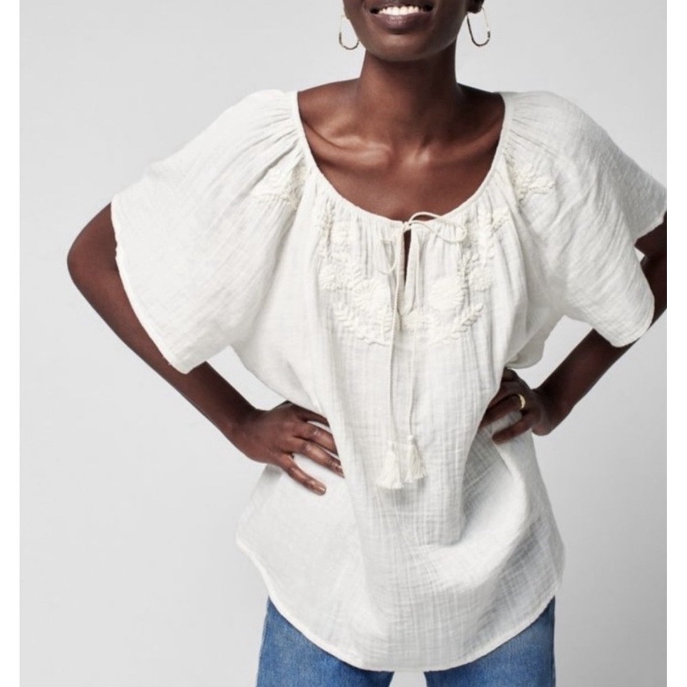 Faherty Organic Cotton Embroidered Boho Trapeze Top Oversized‎ Sz M - Picture 2 of 10